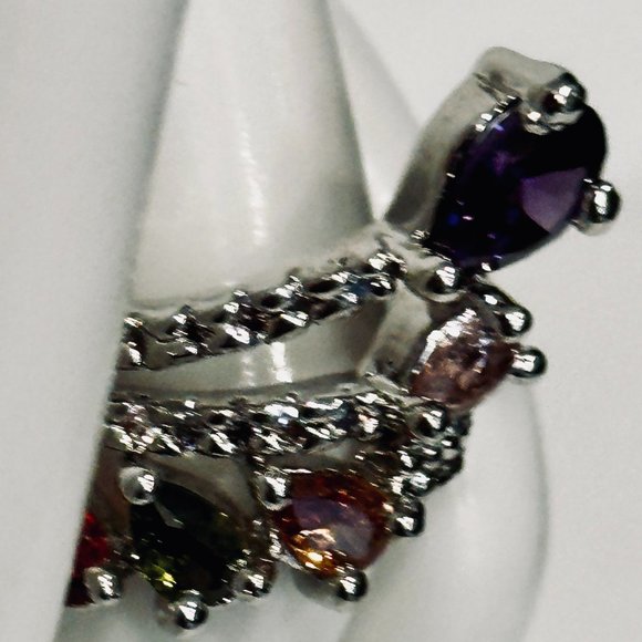 Spiral Fashion Ring MultiColor Rhinestones CZ Diamonds Silver Tone Metal SZ 5.75 - Picture 3 of 6
